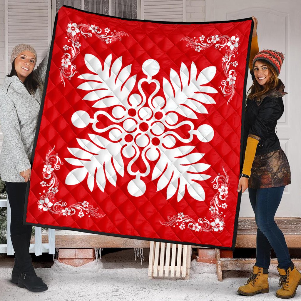 Hawaiian Quilt Maui Plant And Hibiscus Premium Quilt - White Red - AH - Polynesian Pride