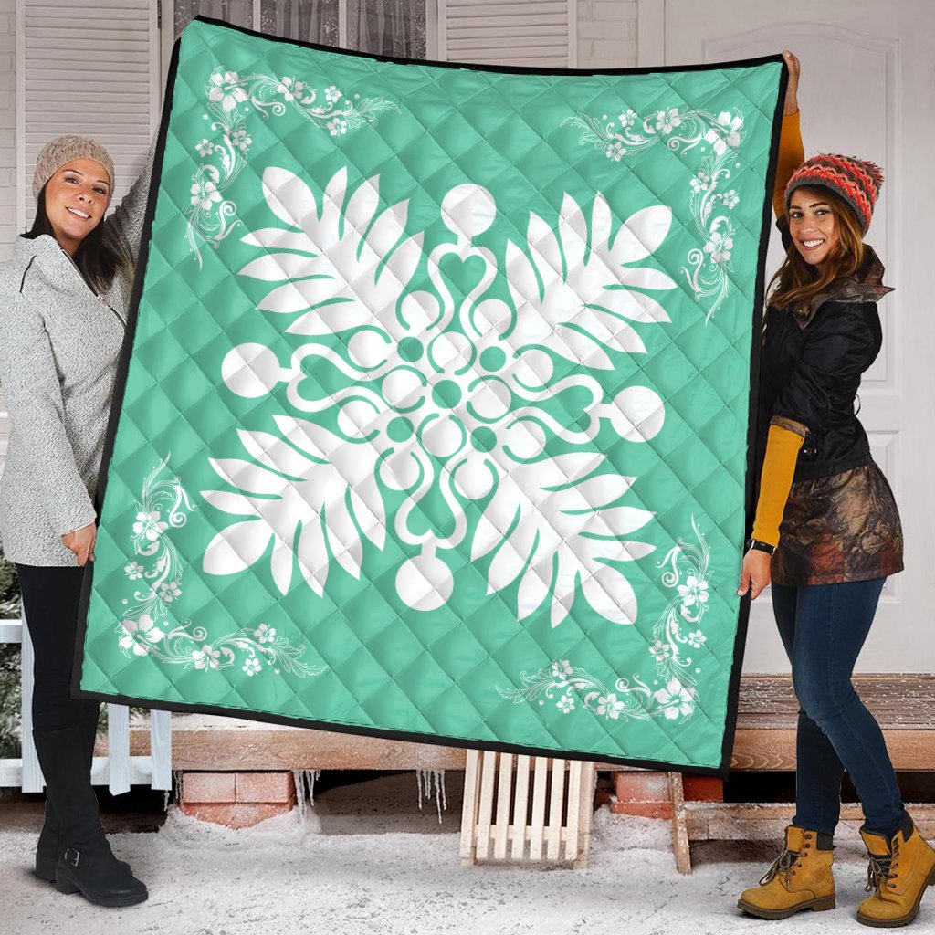 Hawaiian Quilt Maui Plant And Hibiscus Premium Quilt - White Seafoarm - AH - Polynesian Pride