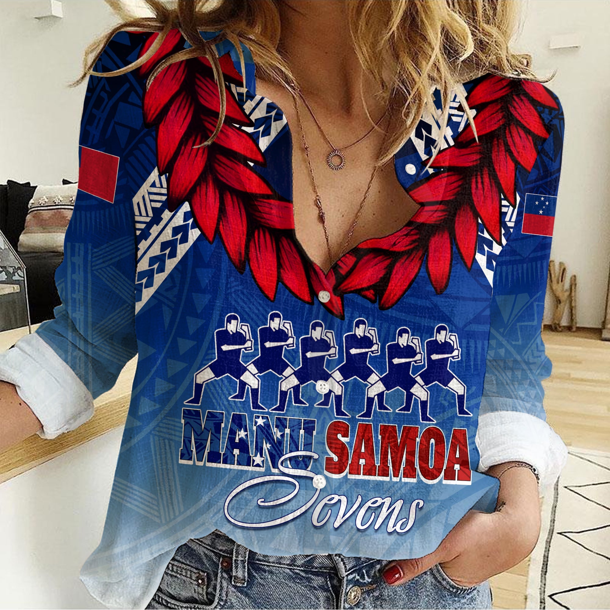 Personalised Samoa Sevens Women Casual Shirt Manu Siva Tau With Ula Fala LT7 Female Blue - Polynesian Pride