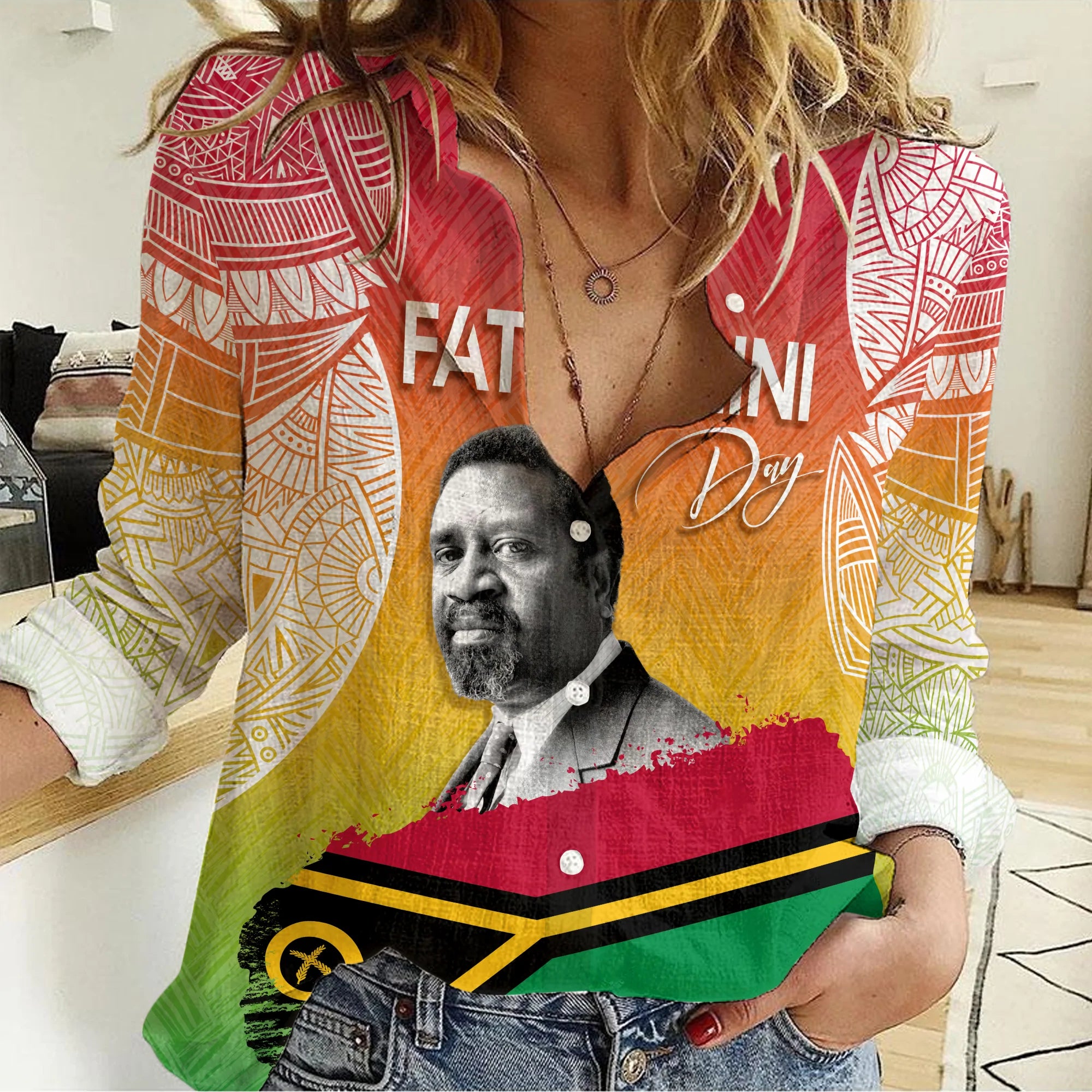 Vanuatu Father Lini Quote Women Casual Shirt Flag Style - White LT7 Female Art - Polynesian Pride