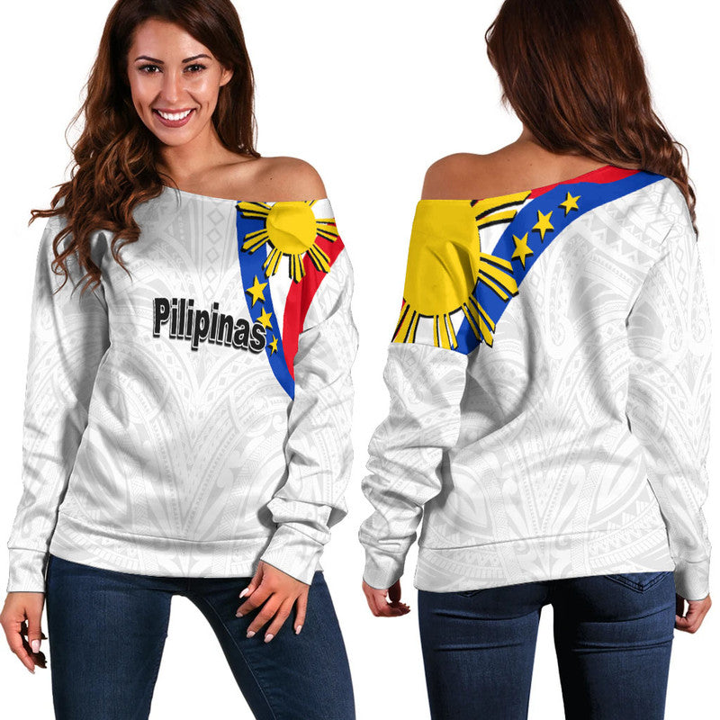 Pilipinas Off Shoulder Sweater Simple Style - White LT6 - Polynesian Pride