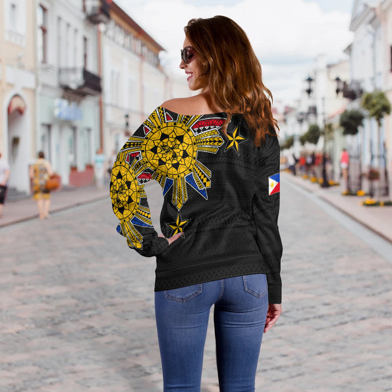 Filipino Off Shoulder Sweater Tribal Black Style LT6 - Polynesian Pride