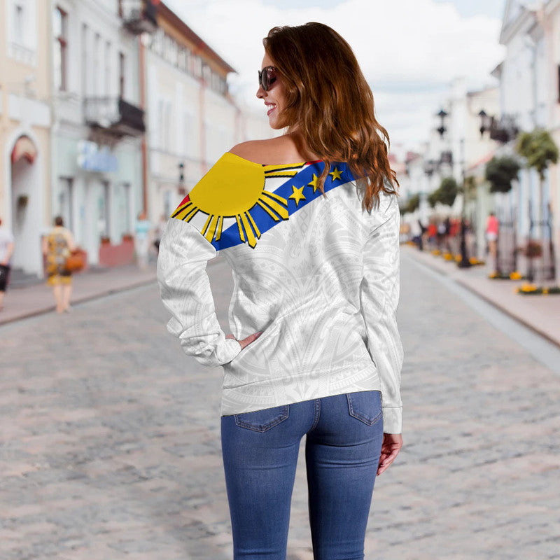 Pilipinas Off Shoulder Sweater Simple Style - White LT6 - Polynesian Pride