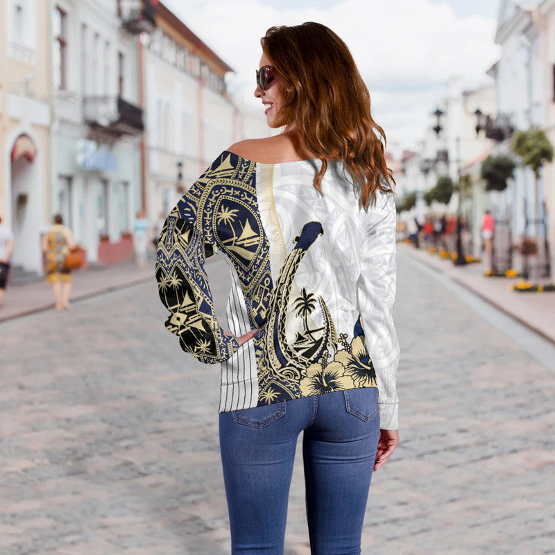 Guam Fish Hook Off Shoulder Sweater White Style LT6 - Polynesian Pride