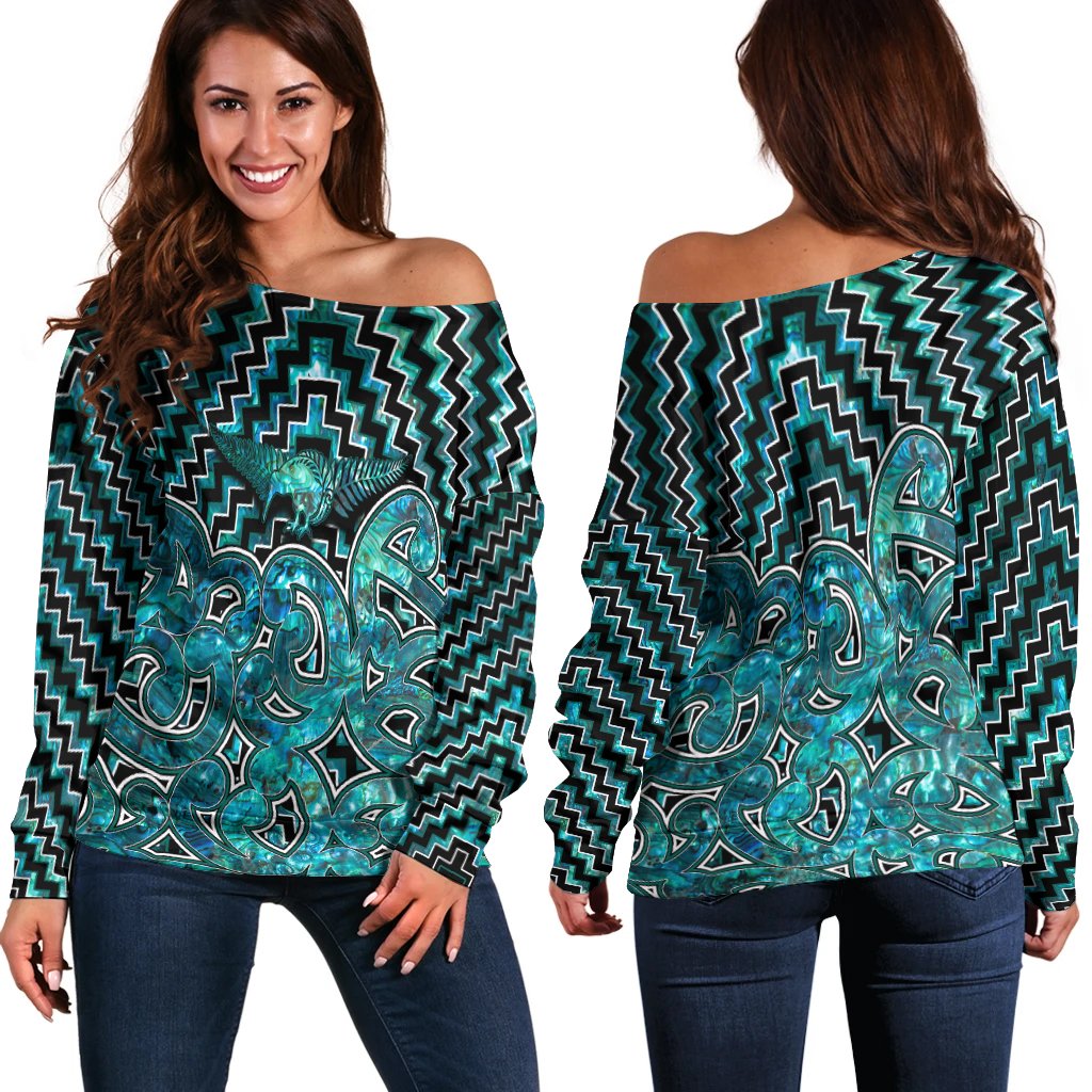 New Zealand Off Shoulder Sweater Maori Graphic Tee patterns Paua Shell LT6 - Polynesian Pride