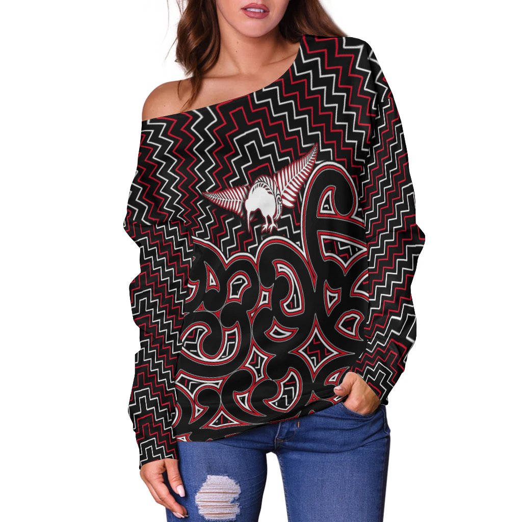 New Zealand Off Shoulder Sweater Maori Graphic Tee patterns Red LT6 - Polynesian Pride