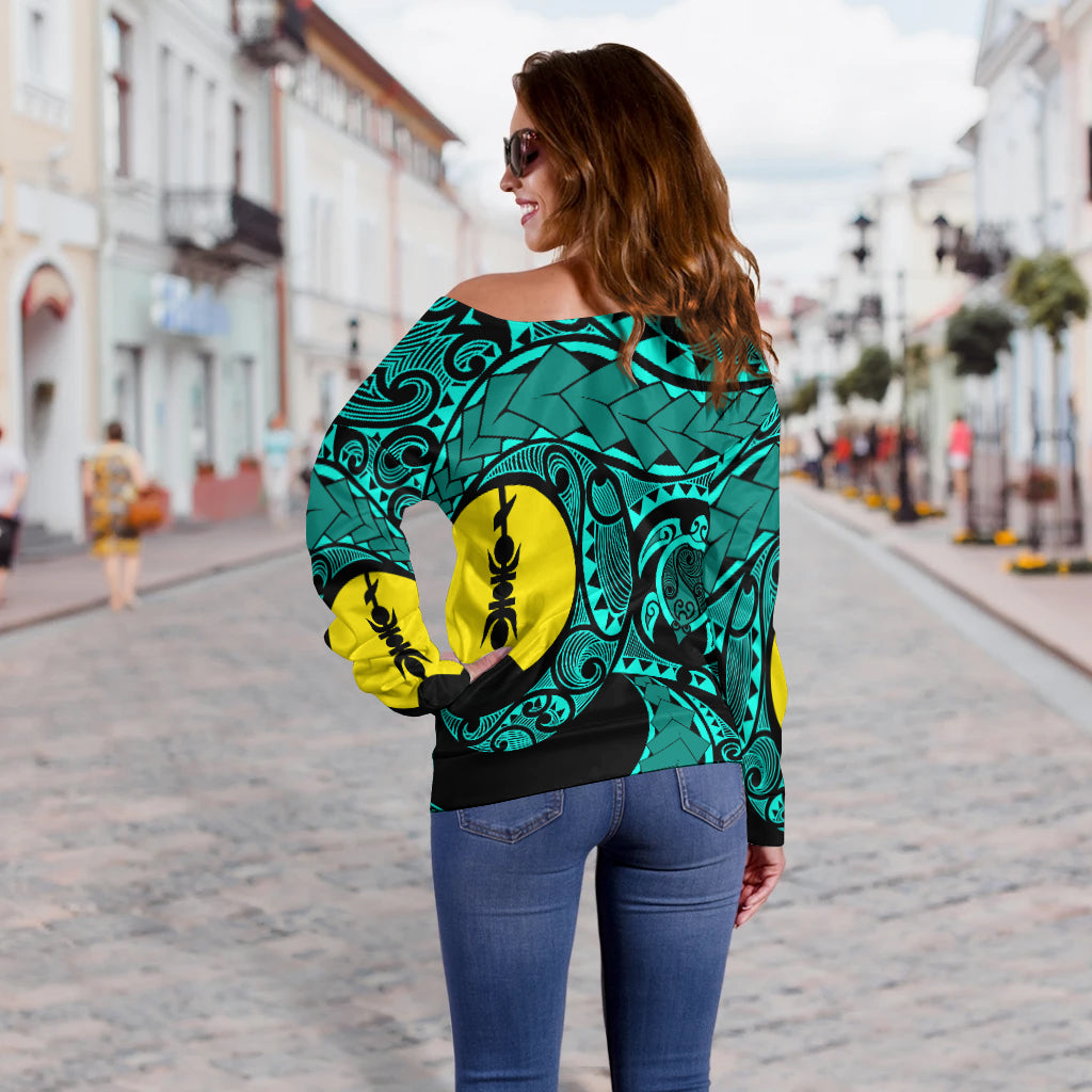 New Caledonia Women's Off Shoulder Sweatshirt Turquoise Color LT6 - Polynesian Pride