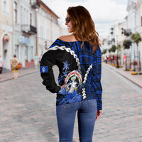 Northern Mariana Islands Women's Off Shoulder Sweater Polynesian Style Blue Color LT6 - Polynesian Pride