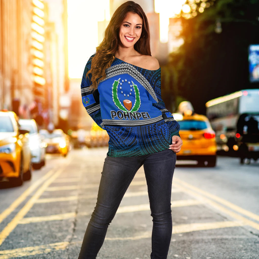 (Custom Personalised) Pohnpei Women's Off Shoulder Polynesian Patterns LT6 Blue - Polynesian Pride