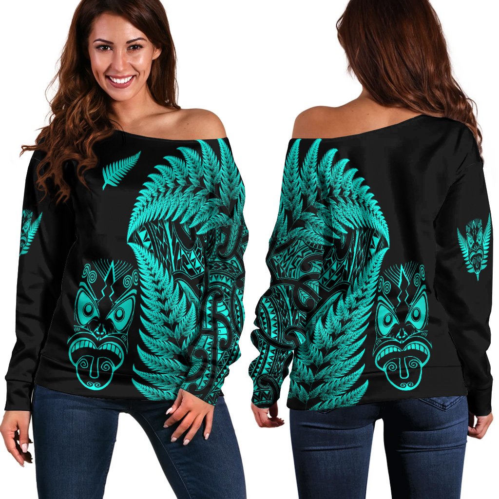 New Zealand Haka Rugby Maori Women Off Shoulder Sweater Silver Fern Vibes - Turquoise LT8 - Polynesian Pride