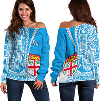Fiji Off Shoulder Sweater Masi Tapa Patterns Blue Style LT6 - Polynesian Pride