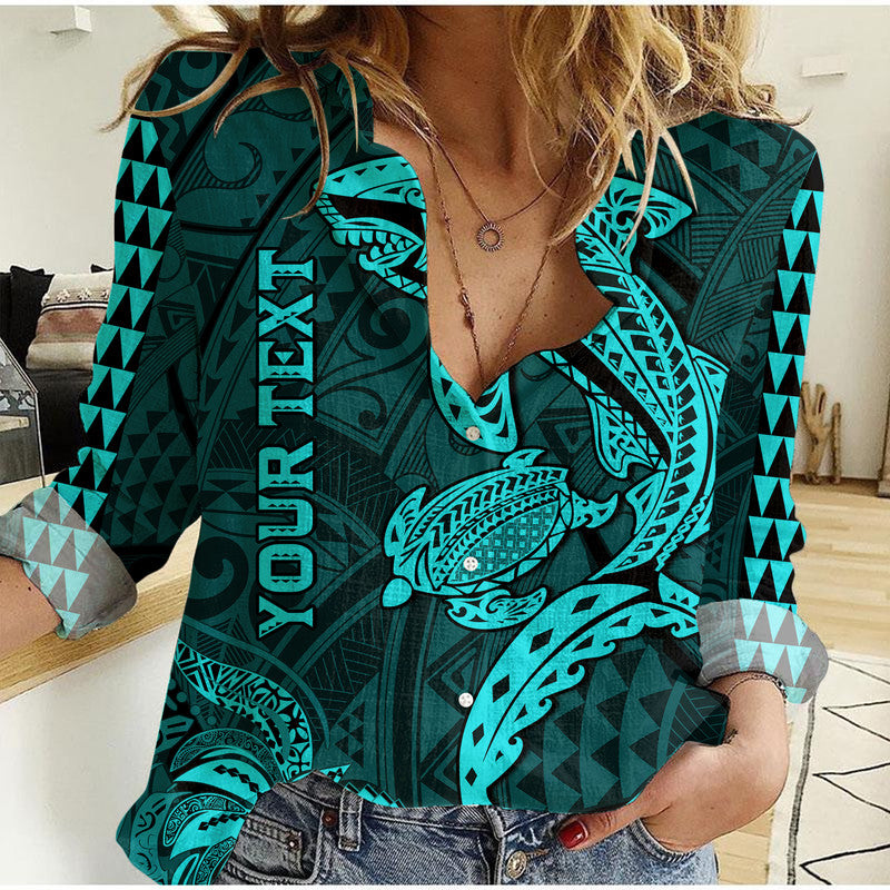 (Custom Personalised) Hawaii Women Casual Shirt Shark and Turtle Mix Kakau Turquoise LT9 Female Turquoise - Polynesian Pride