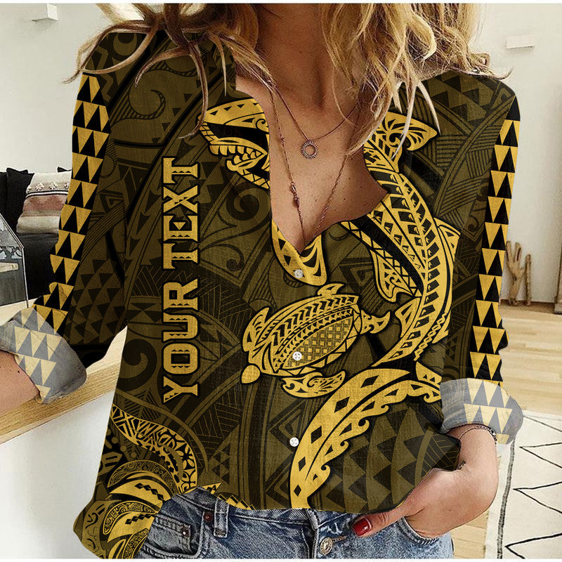 (Custom Personalised) Hawaii Women Casual Shirt Shark and Turtle Mix Kakau Gold LT9 Female Gold - Polynesian Pride