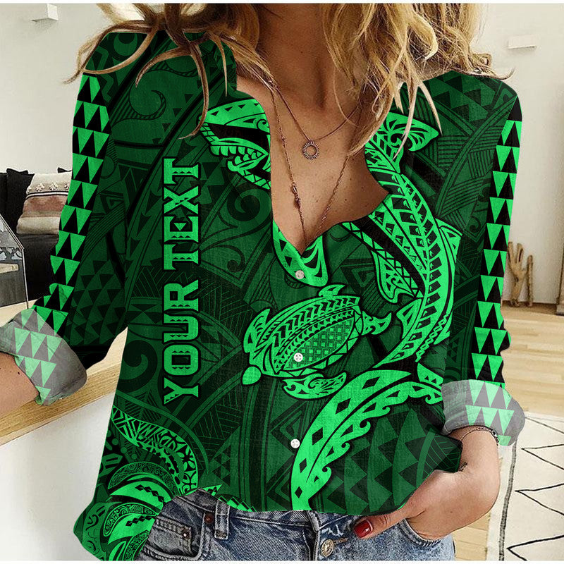 (Custom Personalised) Hawaii Women Casual Shirt Shark and Turtle Mix Kakau Green LT9 Female Green - Polynesian Pride