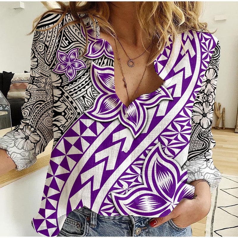 Traditional Polynesian Tribal Tattoo Retro Women Casual Shirt Purple LT9 Female Purple - Polynesian Pride