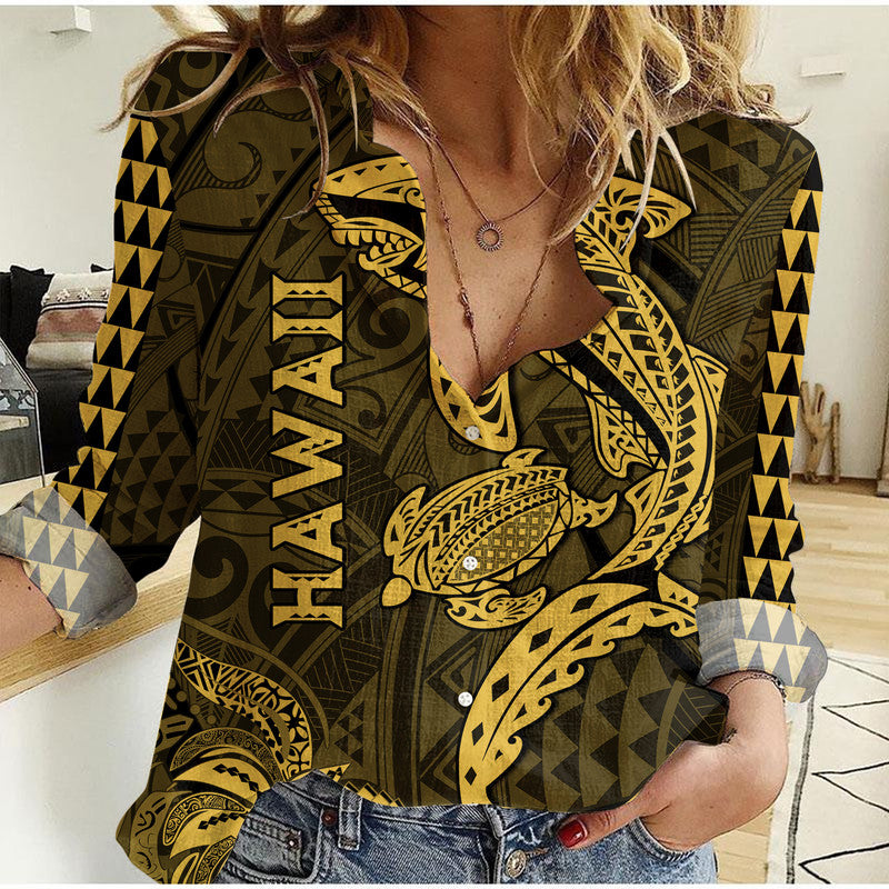 Hawaii Women Casual Shirt Shark and Turtle Mix Kakau Gold LT9 Female Gold - Polynesian Pride