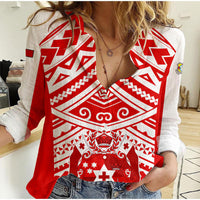 (Custom Text And Number) Tonga Rugby Sevens Women Casual Shirt Coat of Arms Tribal Polynesian Pattern LT9 Female Red - Polynesian Pride