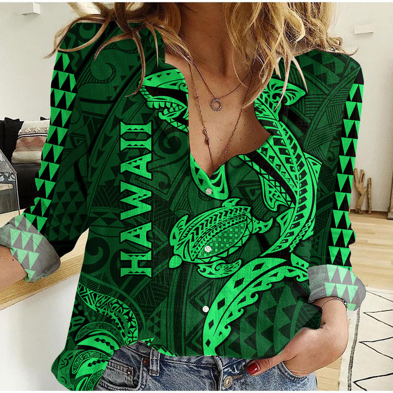 Hawaii Women Casual Shirt Shark and Turtle Mix Kakau Green LT9 Female Green - Polynesian Pride