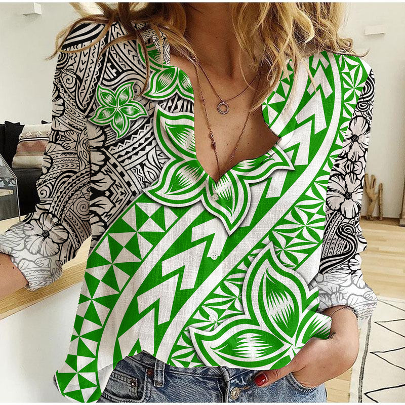 Traditional Polynesian Tribal Tattoo Retro Women Casual Shirt Green LT9 Female Green - Polynesian Pride