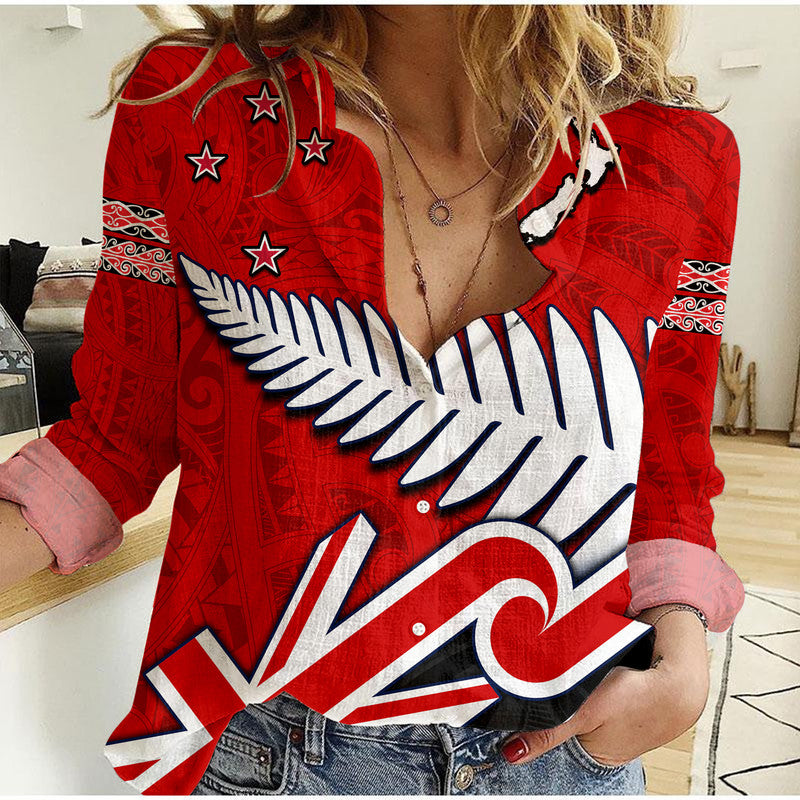 Waitangi Women Casual Shirt Aotearoa Tino Rangatiratanga Flag with Silver Fern LT9 Female Red - Polynesian Pride