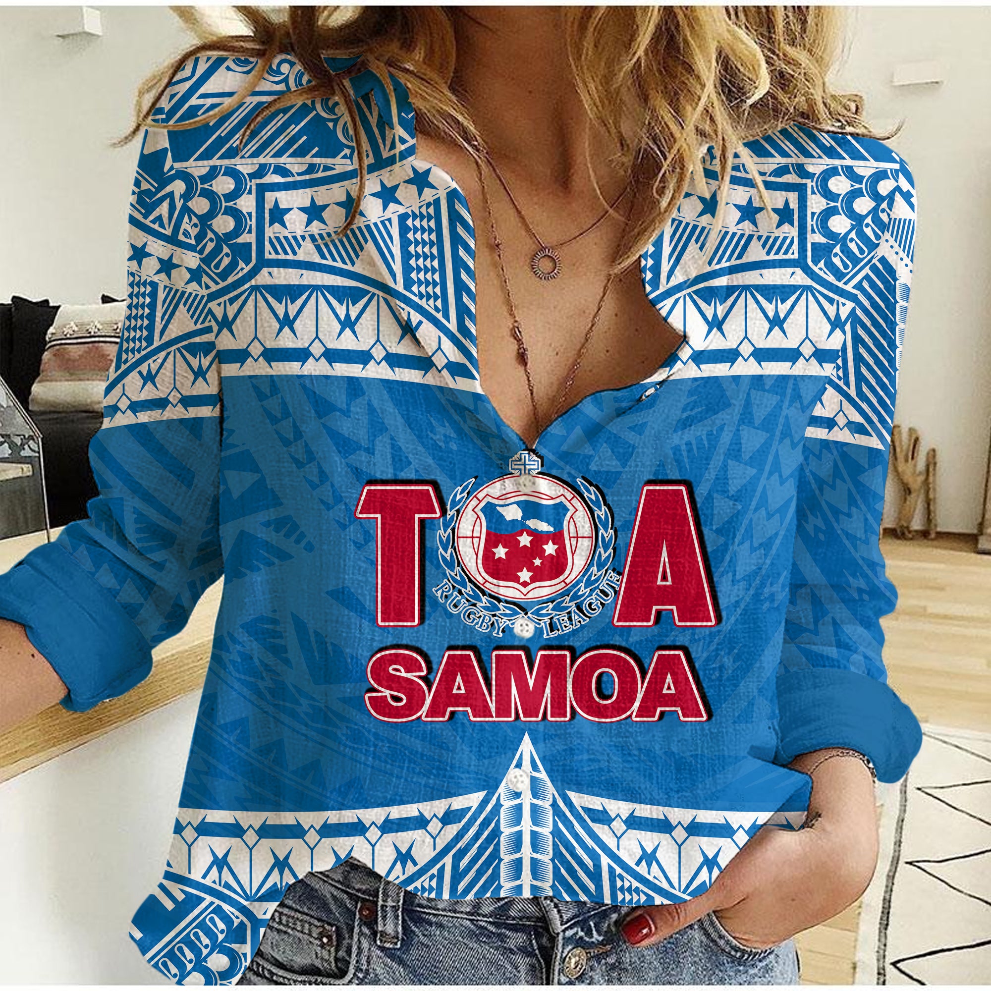 Toa Samoa Rugby Casual Shirt Blue Sky LT6 Female Blue - Polynesian Pride