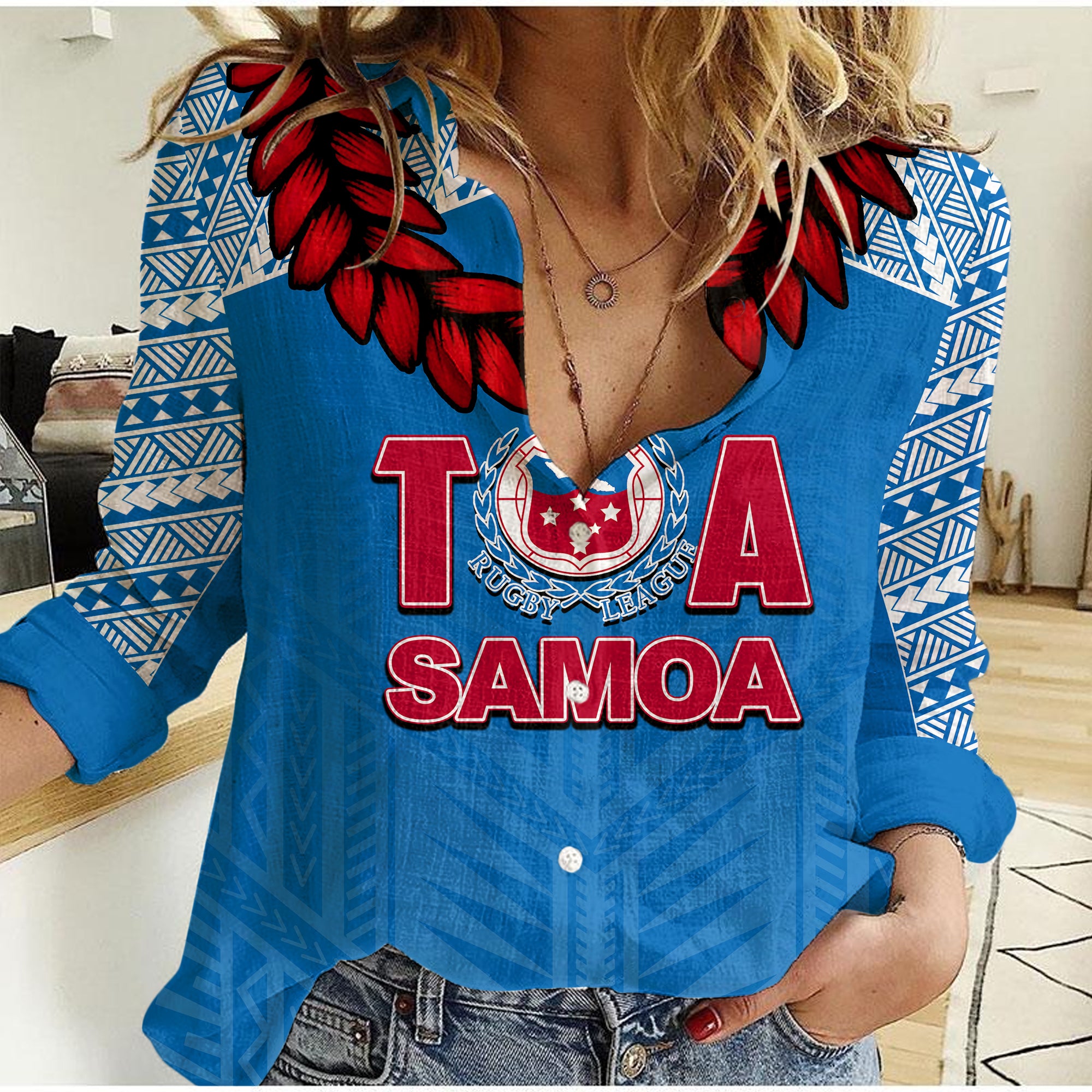 Toa Samoa Ula Fla Rugby Casual Shirt Blue Sky Jersey 2022 LT6 Female Blue - Polynesian Pride