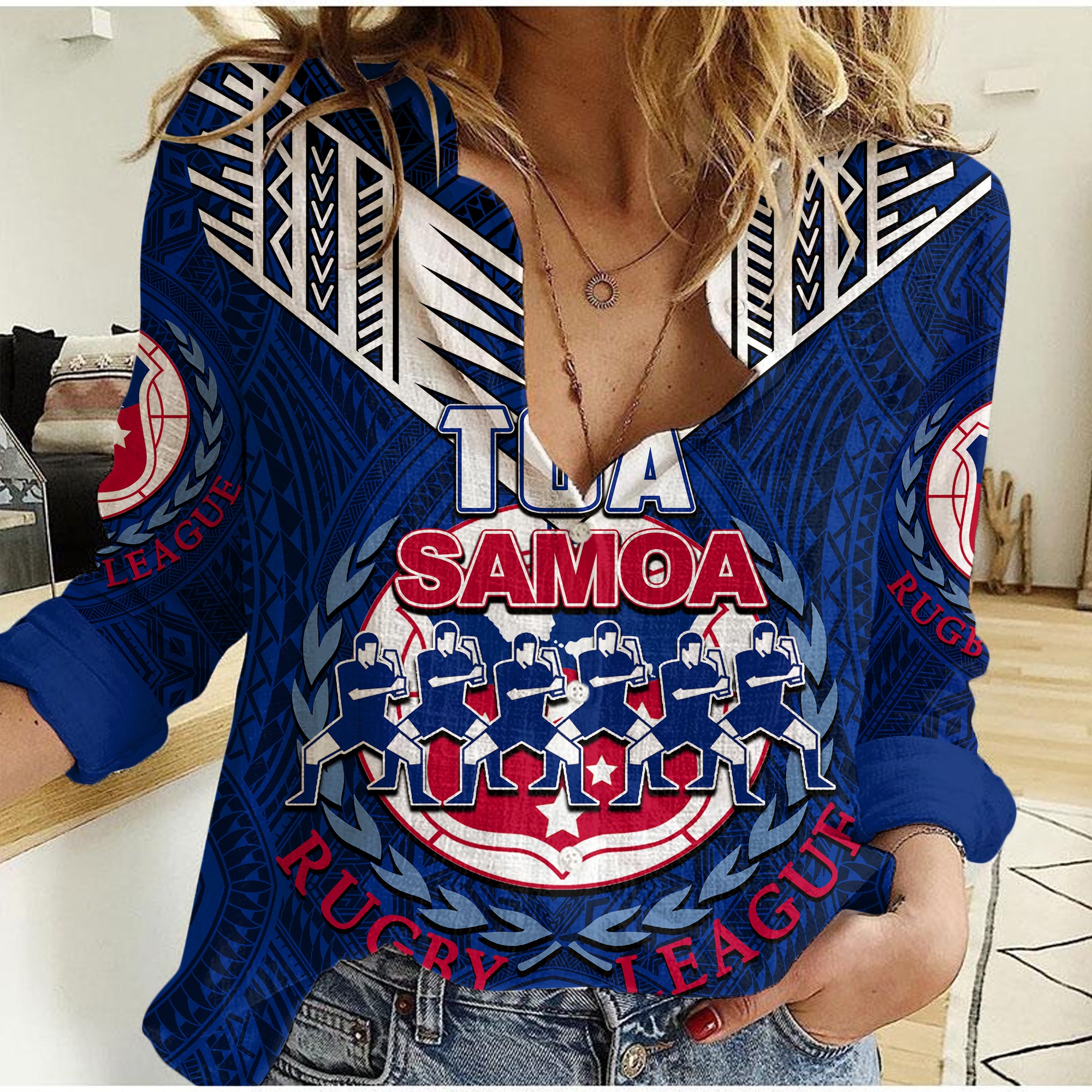 Toa Samoa Rugby Casual Shirt Siva Tau Jersey LT6 Female Blue - Polynesian Pride