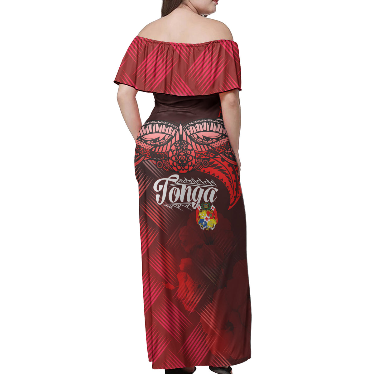 Tonga Polynesian Woman Off Shoulder Long Dress - Tonga Coat Of Arms With Lauhala Tribal Pattern - Polynesian Pride