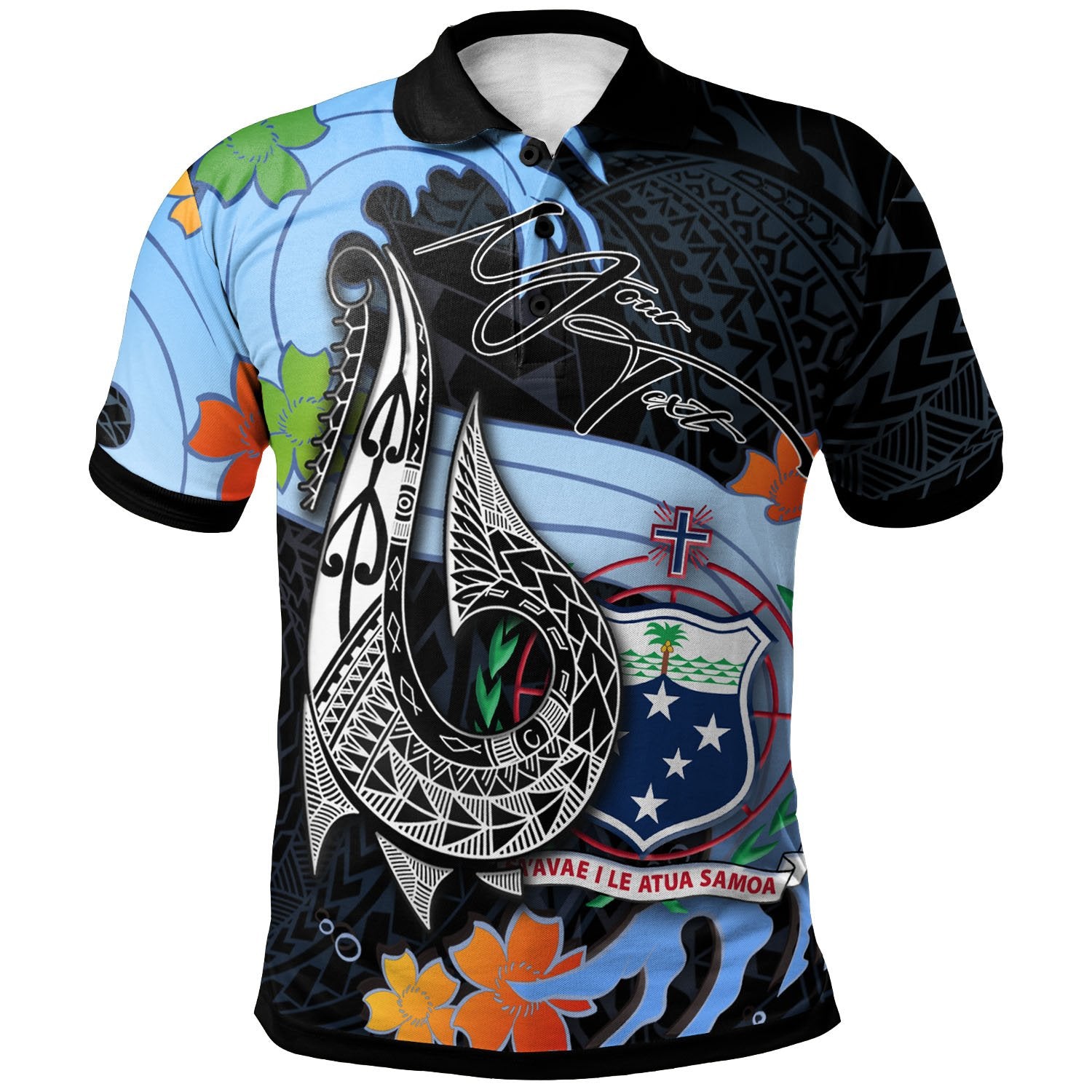 Samoa Custom Polo Shirt Fish Hooks and Wave Unisex Black - Polynesian Pride