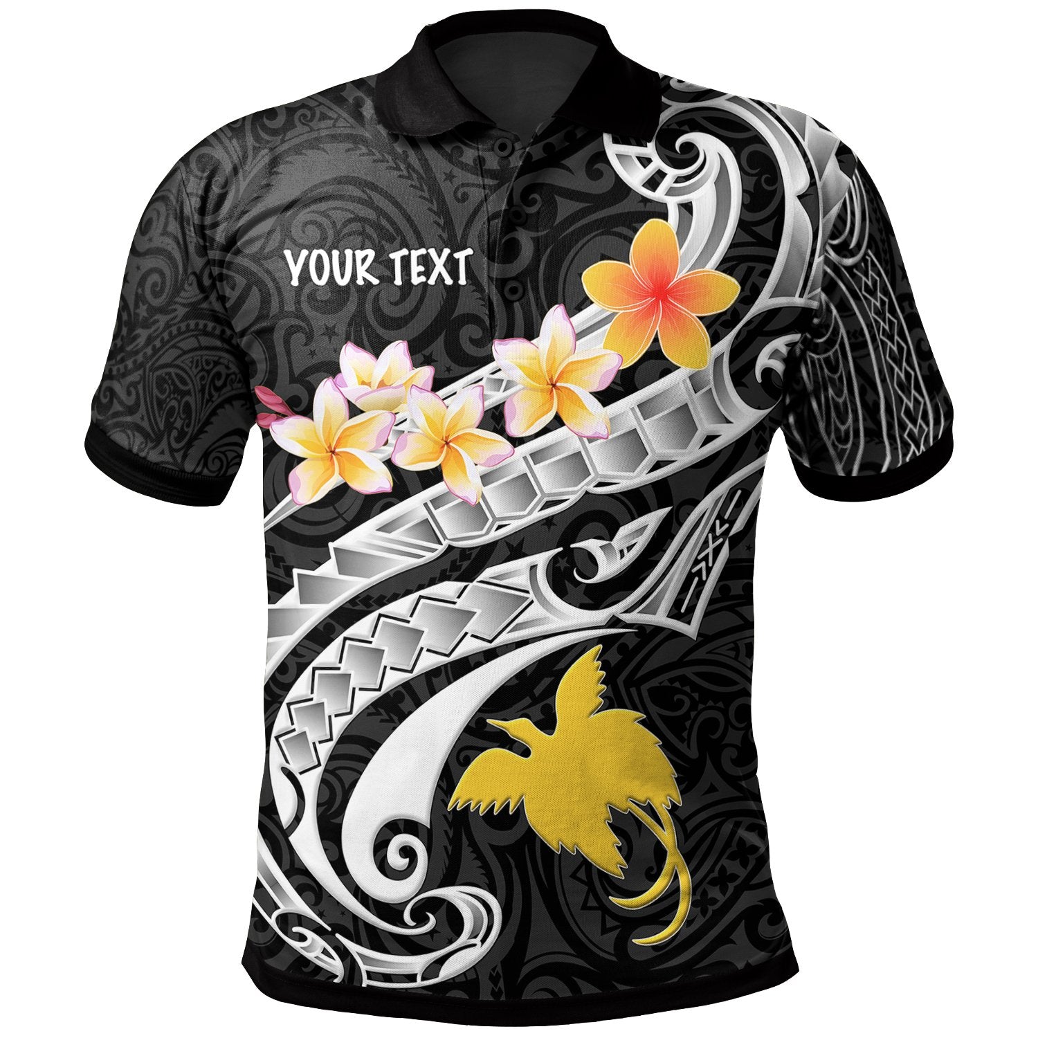 Papua New Guinea Custom Polo Shirt PNG Seal Polynesian Patterns Plumeria (Black) Unisex Black - Polynesian Pride