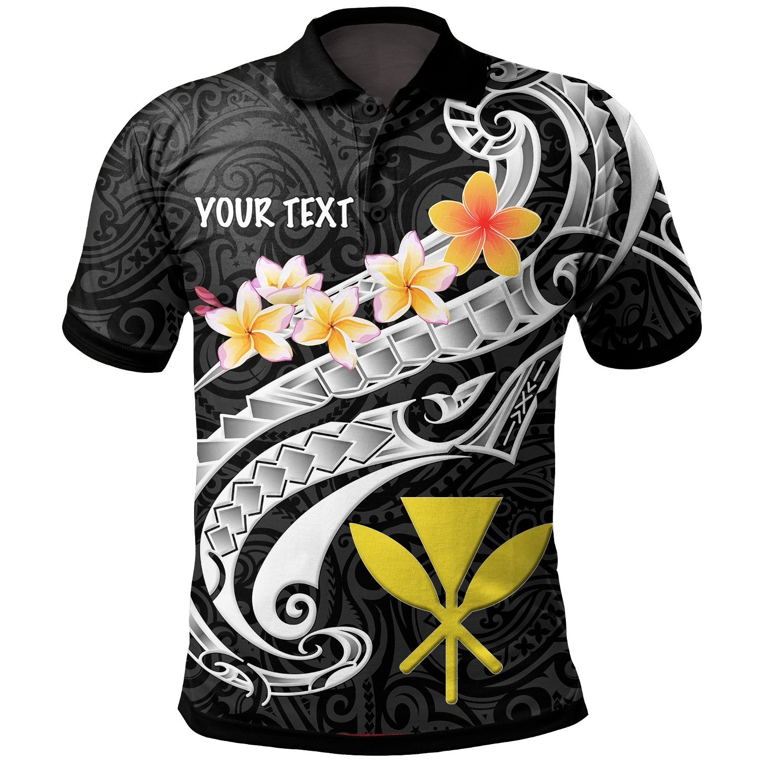 Hawaii Custom Polo Shirt Kanaka Maoli Polynesian Patterns Plumeria (Black) Unisex Black - Polynesian Pride