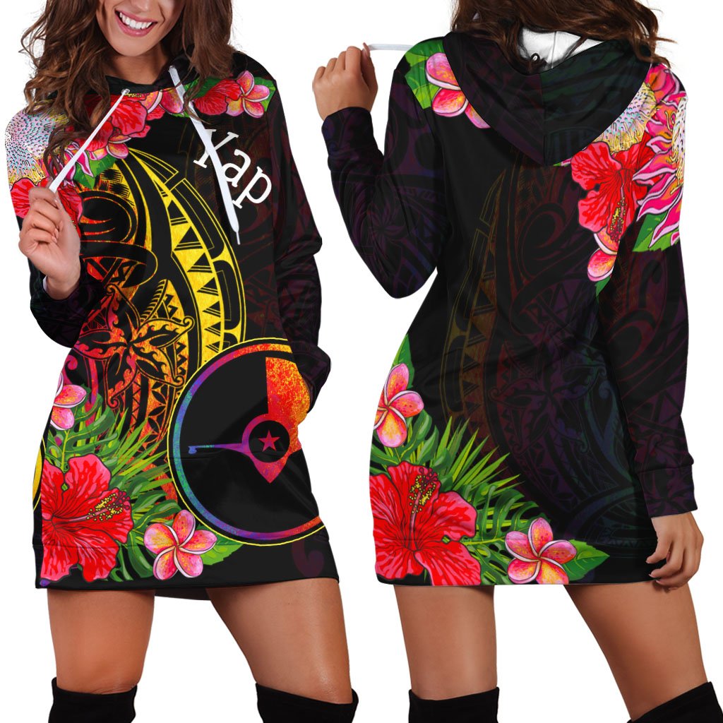 Yap State Hoodie Dress - Tropical Hippie Style Black - Polynesian Pride