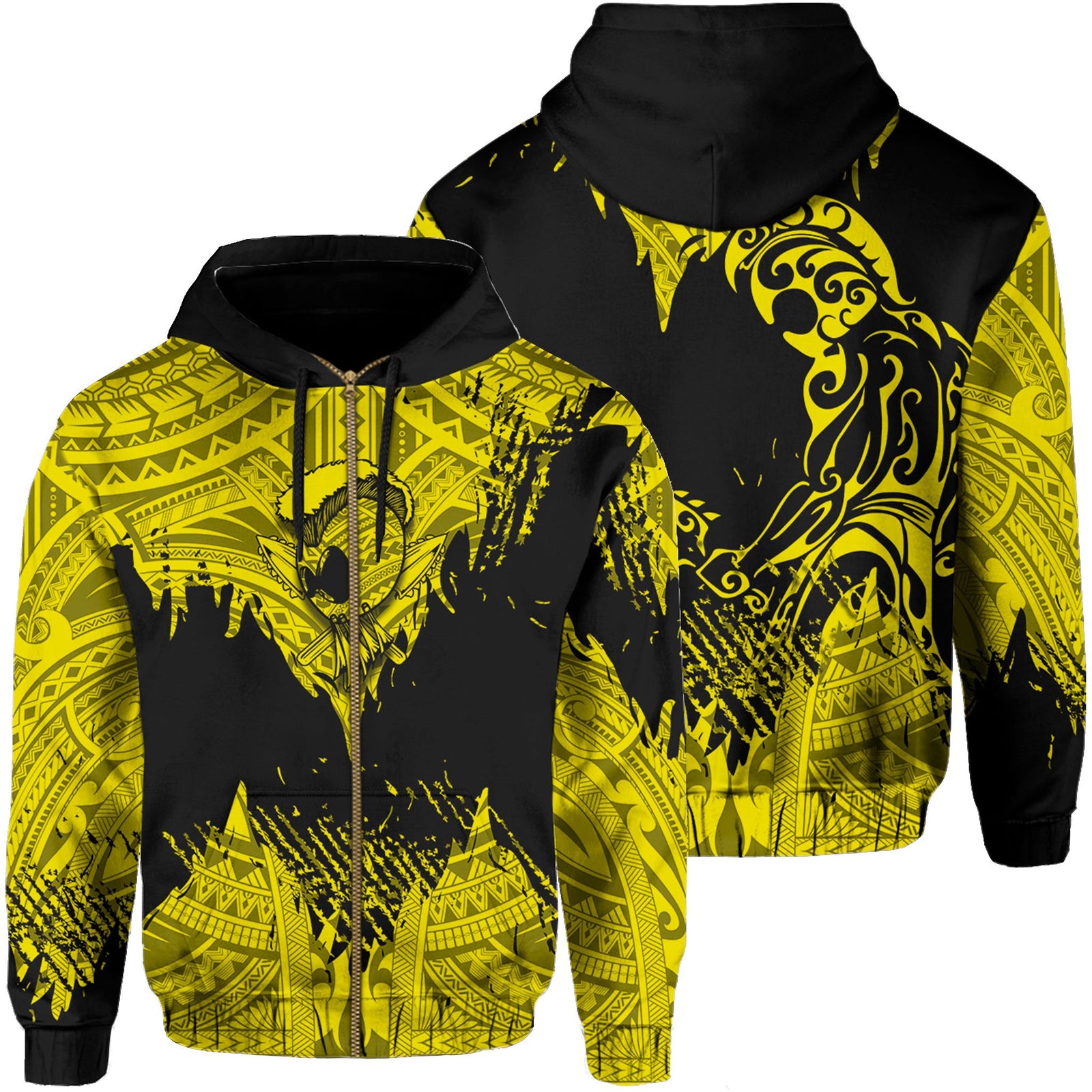Hawaii Polynesian Hoodie Zip Warrior Ikaika Benjamin Style Yellow Unisex Black - Polynesian Pride