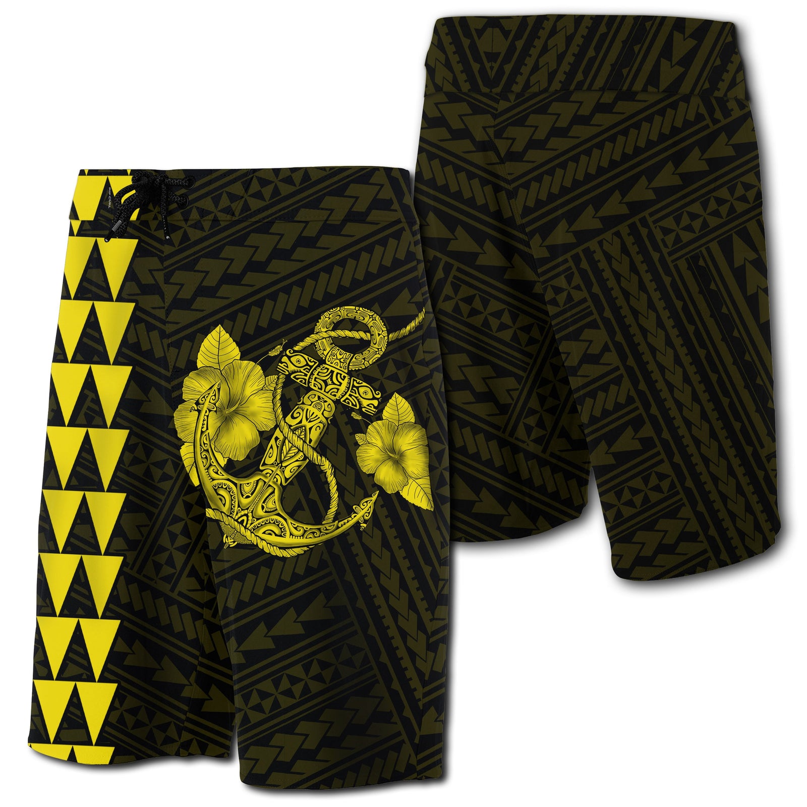 Hawaii Kakau Polynesian Anchor Board Shorts - Yellow Men Yellow - Polynesian Pride
