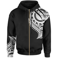 Cook Islands Zip Hoodie Cook Islands Tatau White Patterns With Coat of Arms Unisex Black - Polynesian Pride