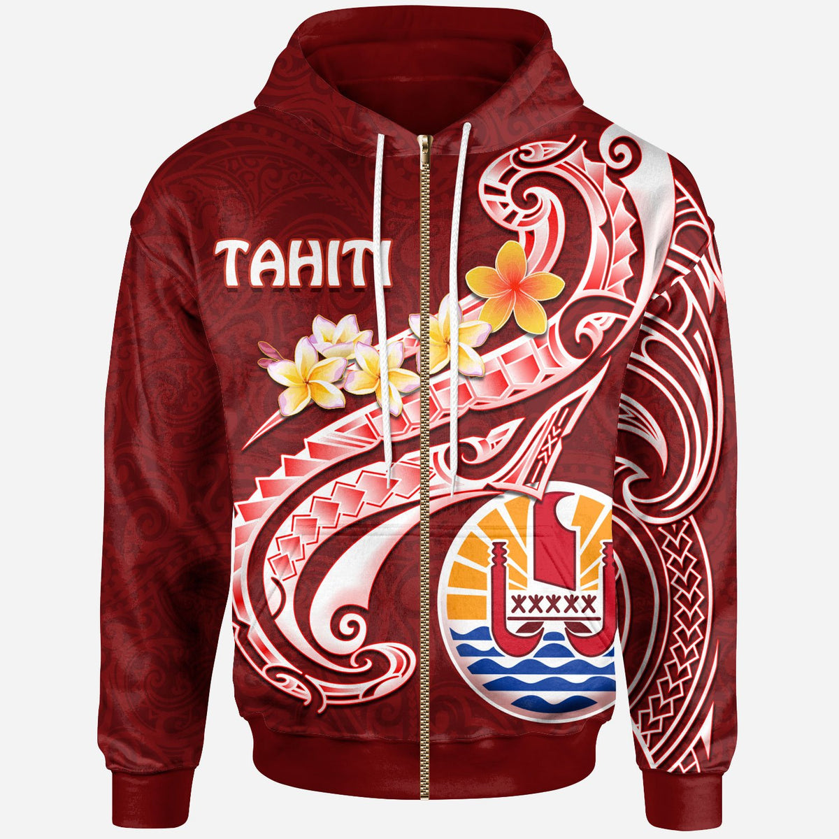 Tahiti Zip up Hoodie Tahiti Seal Polynesian Patterns Plumeria Unisex Red - Polynesian Pride