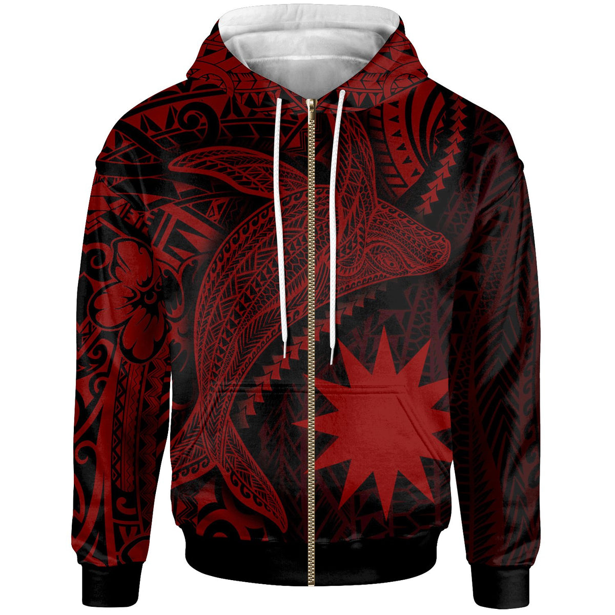 Nauru Zip up Hoodie Humpback Whale & Coat of Arms Red Unisex Red - Polynesian Pride