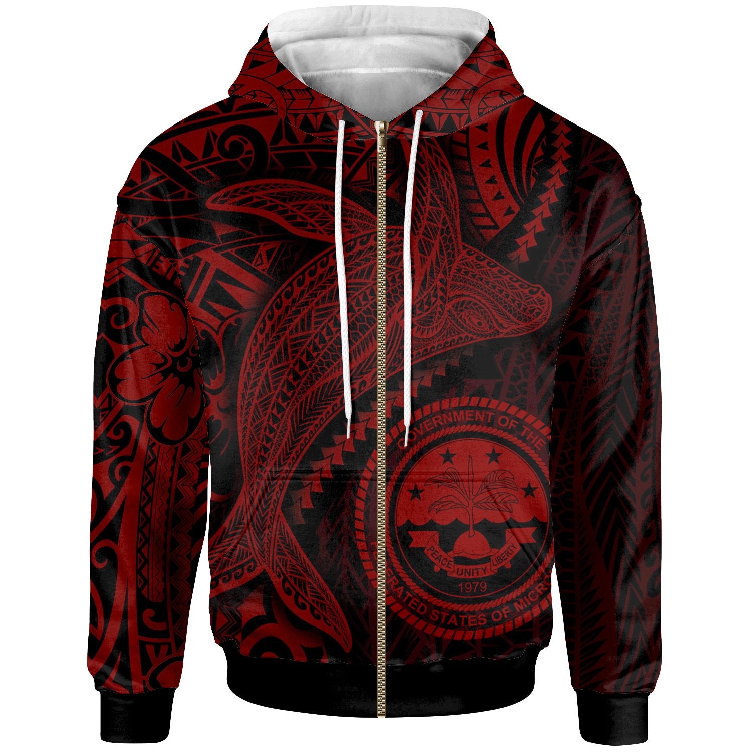 Federated States of Micronesia Zip up Hoodie Humpback Whale & Coat of Arms Red Unisex Red - Polynesian Pride