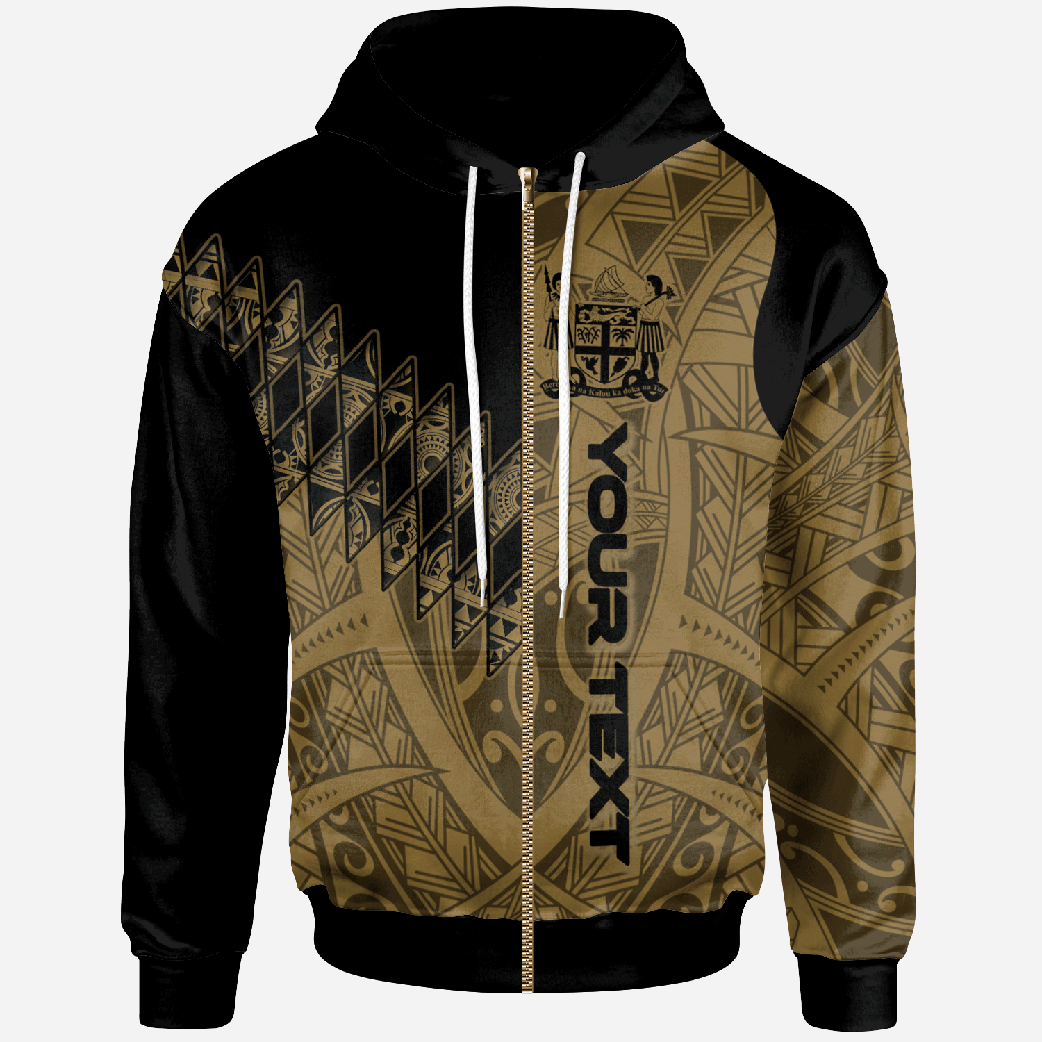 Fiji Custom Zip Hoodie Gold Color Symmetry Style Unisex Black - Polynesian Pride