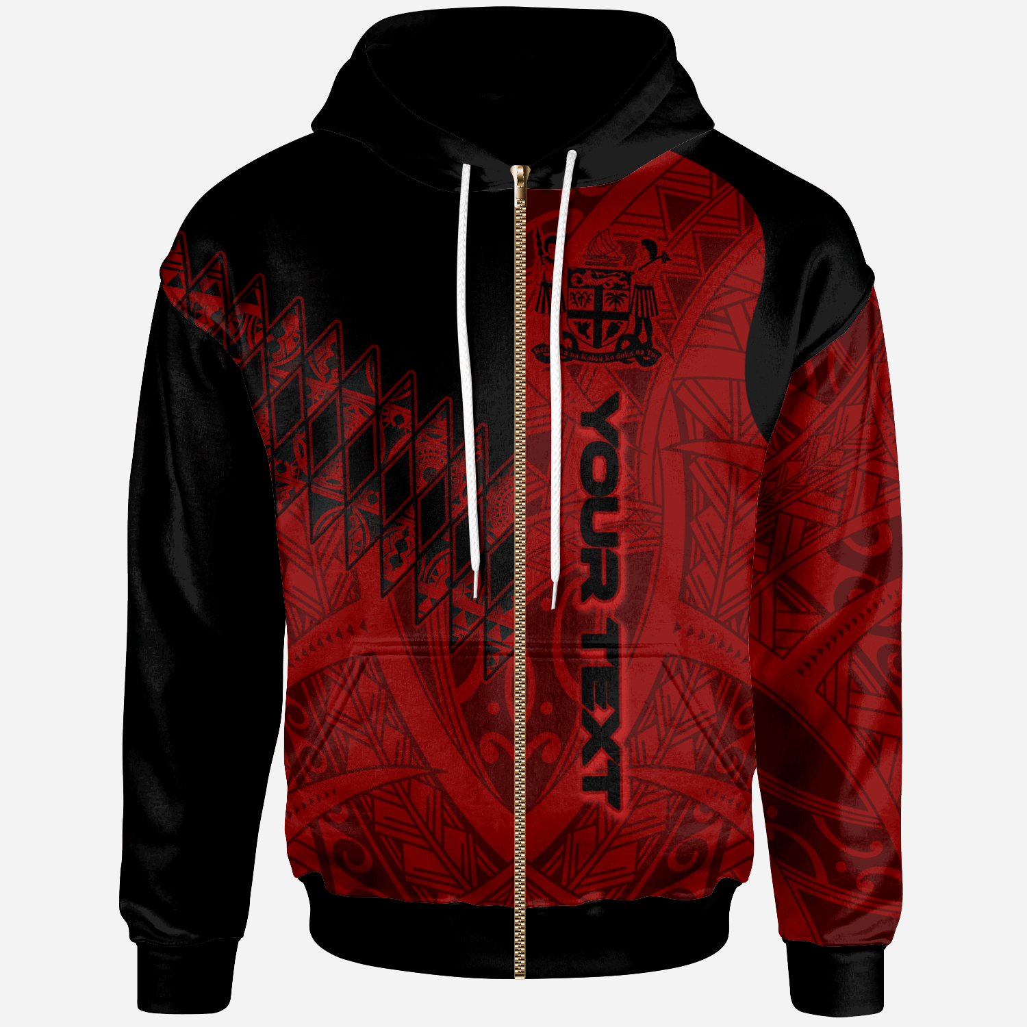 Fiji Custom Zip Hoodie Red Color Symmetry Style Unisex Black - Polynesian Pride