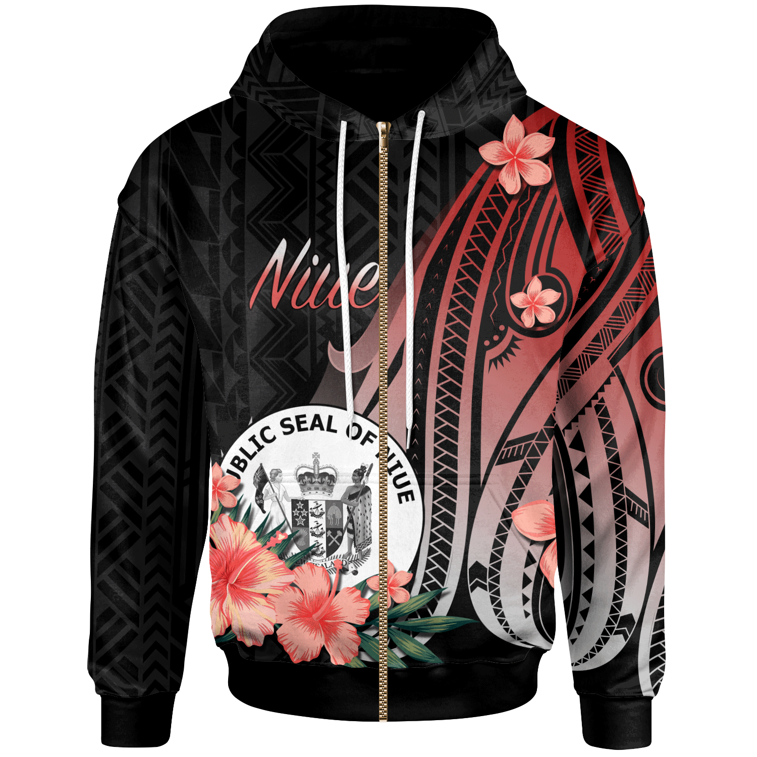 Niue Zip Hoodie Red Polynesian Hibiscus Pattern Style Unisex Red - Polynesian Pride