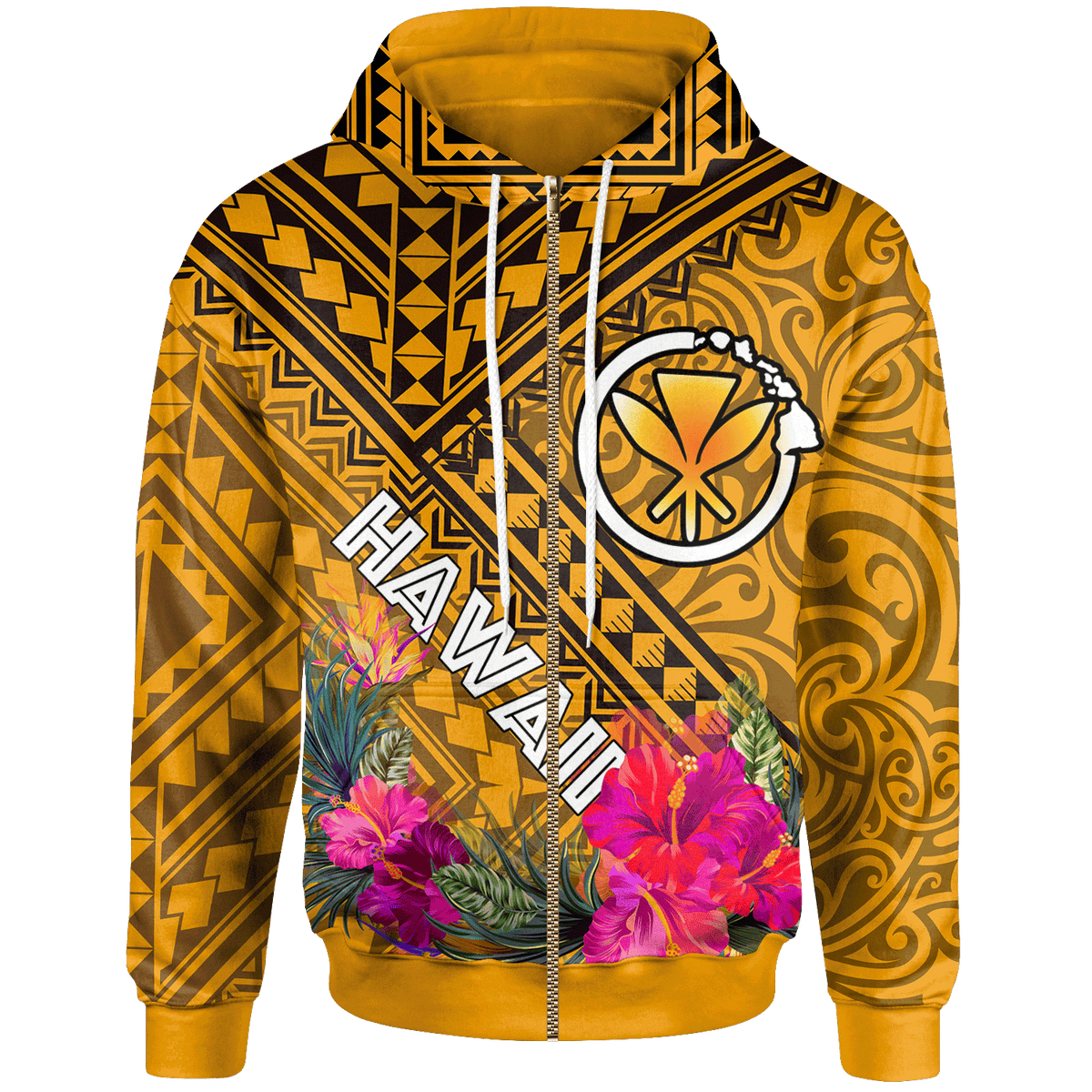 Hawaii Zip up Hoodie Kanaka Maoli With Hibiscus On Polynesian Patterns (YELLOW) Unisex Yellow - Polynesian Pride