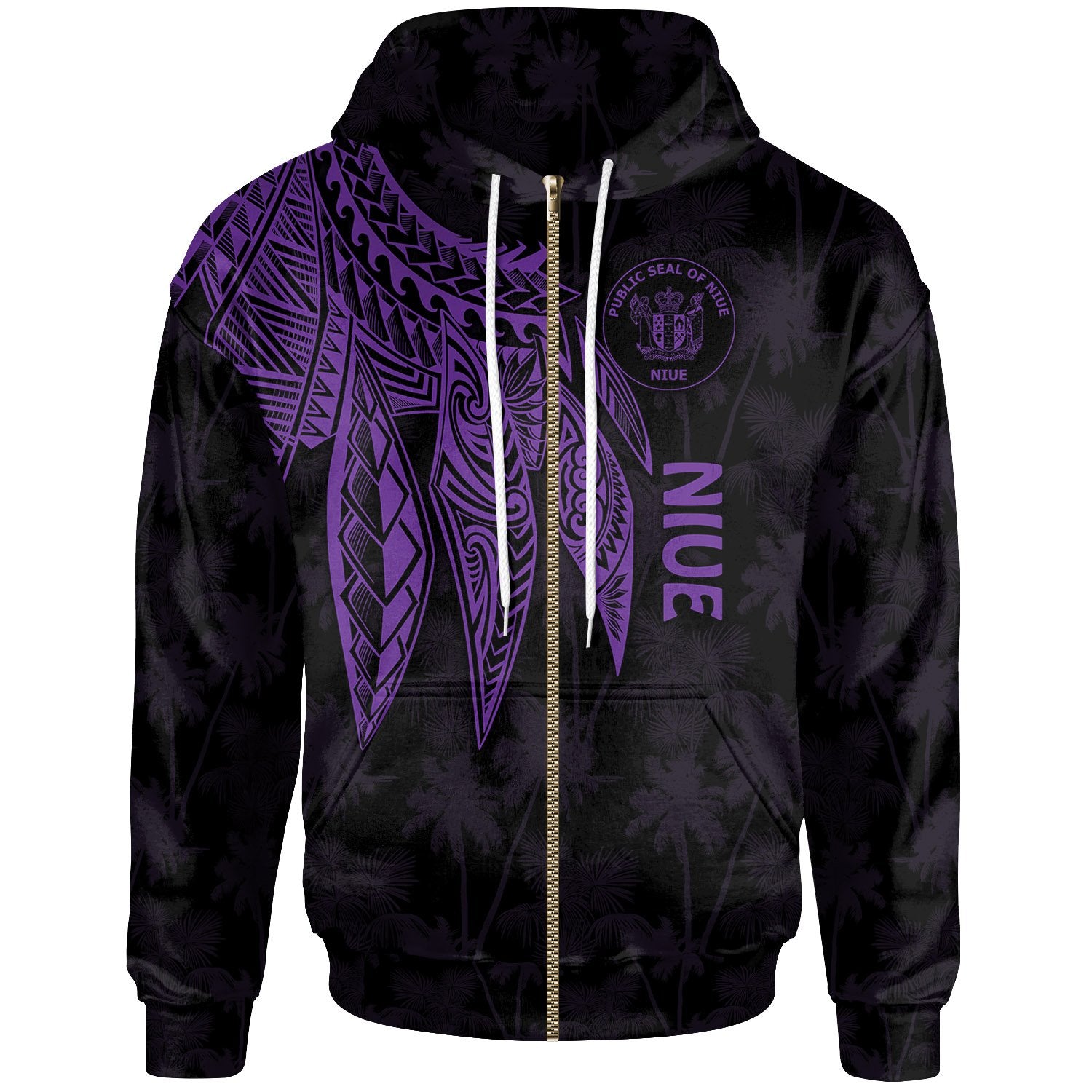 Niue Zip up Hoodie Polynesian Wings (Purple) Unisex Black - Polynesian Pride
