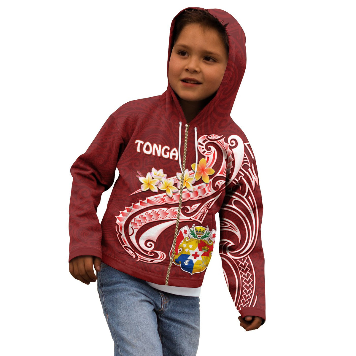 Tonga Zip up Hoodie Tonga Coat of Arms With Polynesian Patterns - Polynesian Pride