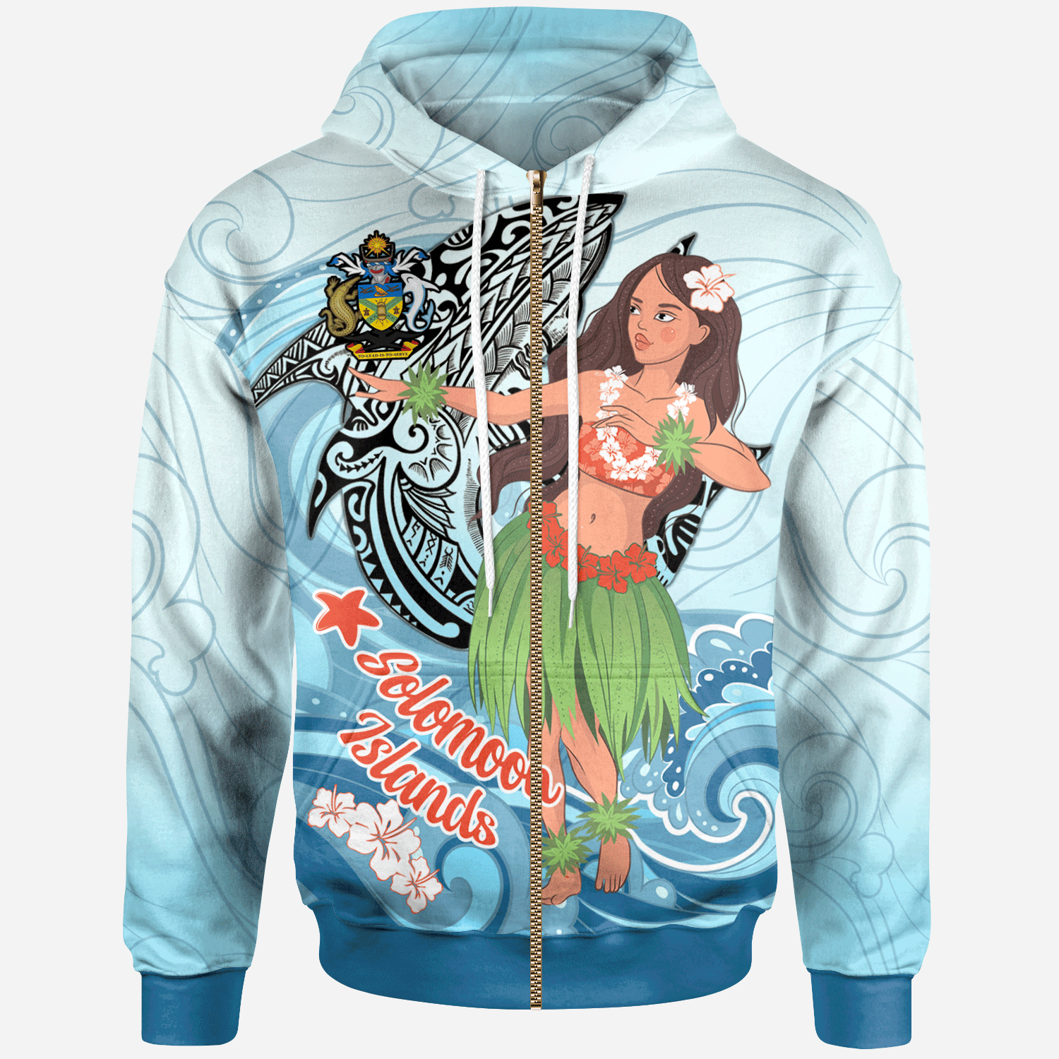 Solomon Islands Zip Hoodie Polynesian Girls With Shark Unisex Blue - Polynesian Pride