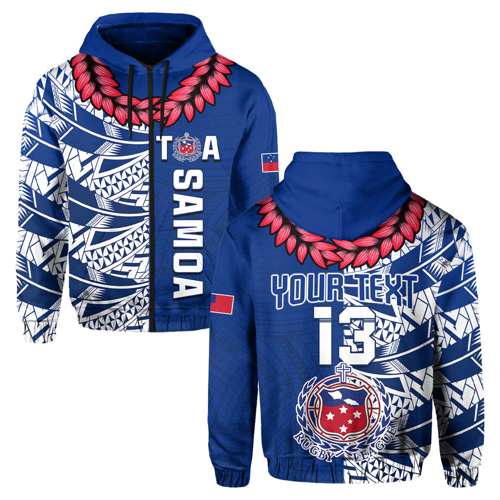 (Custom Text and Number) Toa Samoa Rugby Hoodie Siamupini Ula Fala Blue LT13 Zip Hoodie Blue - Polynesian Pride