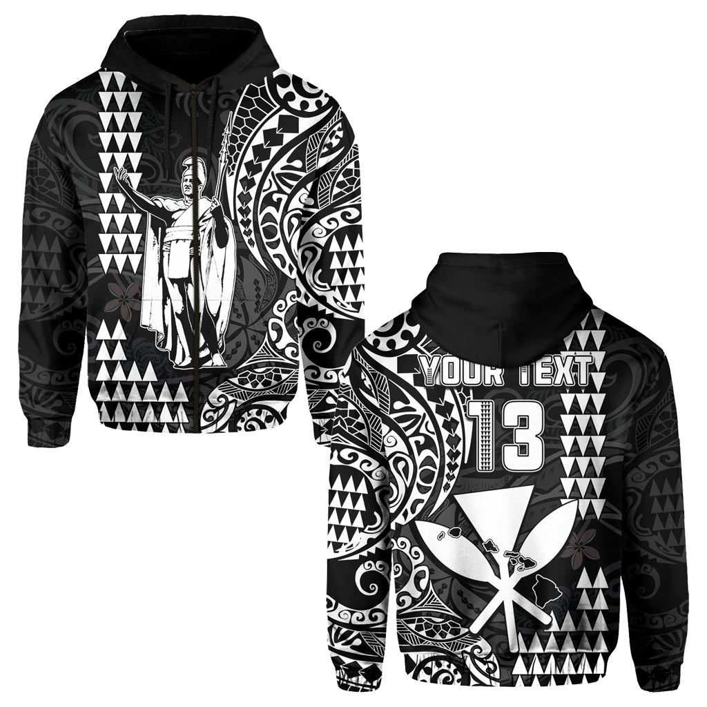 (Custom Text and Number) Hawaii Day Kakau Hoodie Proud To Be Hawaiian Black King Kamehameha and Kanaka Maoli LT13 Zip Hoodie Black - Polynesian Pride