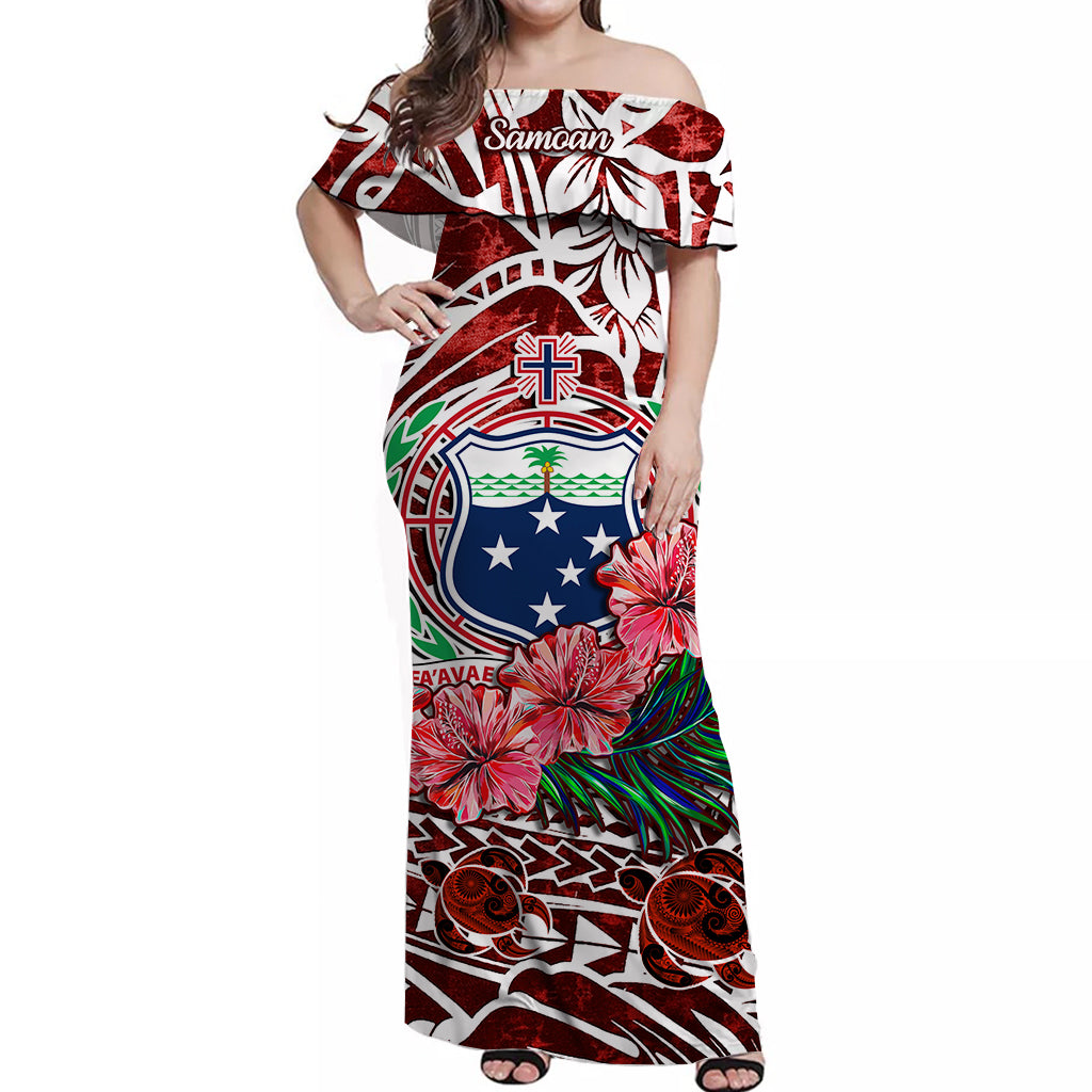 Samoa Off Shoulder Long Dress Hibiscus and Turtles Red LT13 Women Red - Polynesian Pride
