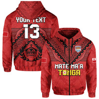 (Custom Text and Number) Tonga Rugby MMT Hoodie Ngatu Mate Maa Tonga Simple LT13 Zip Hoodie Red - Polynesian Pride