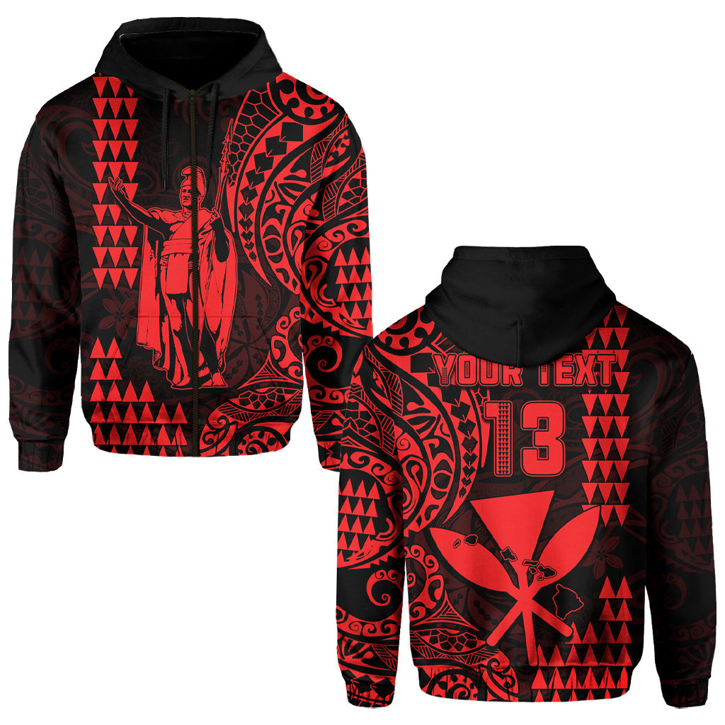 (Custom Text and Number) Hawaii Day Kakau Hoodie Proud To Be Hawaiian Red King Kamehameha and Kanaka Maoli LT13 Zip Hoodie Red - Polynesian Pride
